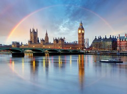 London with rainbow - Houses of parliament - Big ben.