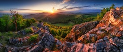 Slovakia - Vysoka hill, dramatic sunrise mountain nature panorama with rocks and forest