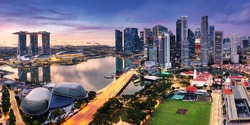 Panorama of Singapore city skyline at sunrise, Marina bay