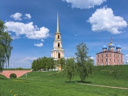 Bell Tower and Dormition Cathedral in the Ryazan Kremlin, Russia. The bell tower with height of 83 meters was built in 1797-1840. The cathedral was built in 1693-1699.