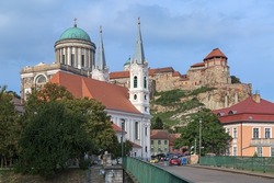 Esztergom, Hungary. Esztergom Basilica and Parish Church of St. Ignatius of Loyola. The basilica was built in 1822-1869. The church was built in 1713-1738.