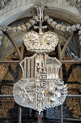 Schwarzenberg coat-of-arms made with bones in Sedlec ossuary (Kostnice), Kutna Hora, Czech Republic