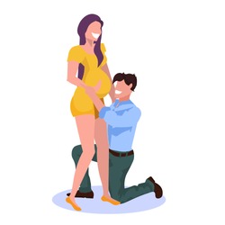 happy man on knee listening his pregnant wife belly cheerful couple man woman embracing pregnancy and parenthood concept flat full length white background