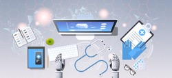 medical robot hands at workplace robotic doctor examining brain on computer monitor diagnostic healthcare artificial intelligence concept top angle view desktop office stuff horizontal