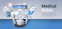 medical robot at workplace robotic doctor examining brain on computer monitor diagnostic healthcare artificial intelligence concept top angle view desktop copy space horizontal