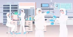 scientists team in uniform holding test tubes working in medical lab researchers making chemical experiments modern laboratory interior horizontal portrait vector illustration