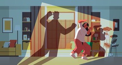 shadow of angry husband punching and hitting wife stop domestic violence and aggression against women living room interior horizontal full length vector illustration