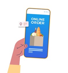 human hand using mobile app for ordering groceries fast delivery online shopping e-commerce food order concept isolated vector illustration