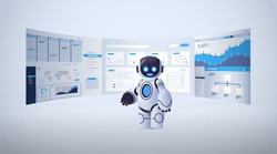 cute robot analyzing statistics financial data on virtual boards artificial intelligence technology concept
