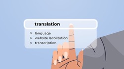 human hand choosing translation in search bar on virtual screen language transcription internet networking