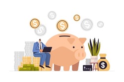 businessman using laptop near piggy bank save money finance analytics wealth accumulation bank deposit