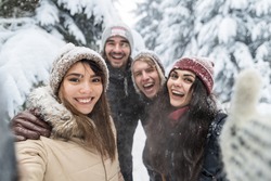 Friends Taking Selfie Photo Smile Snow Forest Young People Group Outdoor Winter Pine Woods