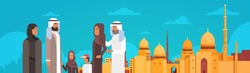 Arab Family Over Muslim Cityscape Nabawi Mosque Building Flat Vector Illustration
