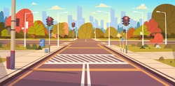 Road Empty City Street With Crosswalk And Traffic Lights Flat Vector Illustration