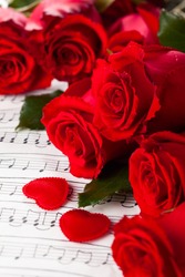 Red roses  over  background with musical notes for Valentine's day
