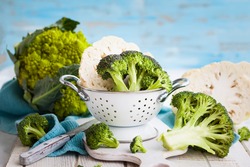 Various types of cabbage: romanesco, broccoli and cauliflower