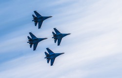 Silhouettes of russian fighter aircrafts in the sky