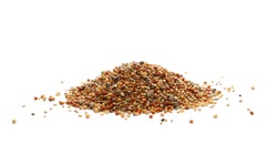 Mixed seeds, millet pile for exotic birds, finches with hemp isolated on white background