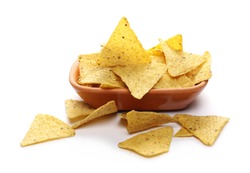 Corn tortilla chips pile in clay pot, bowl isolated on white background
