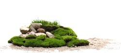 Green moss with decorative rocks and grass isolated on white background