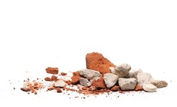 Pile shattered red bricks pieces and stone isolated on white  