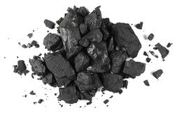 Pile black coal isolated on white texture, top view