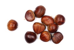 Pile edible chestnut isolated on white background, top view
