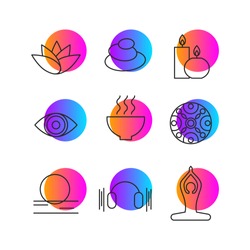 Set of icons relaxation, meditation, zen, rest. Symbols spa - massage, stones, candles, yoga, relax, art therapy. Vector illustration