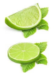 Isolated limes. Two images of lime slice on a mint leaf isolated on white background