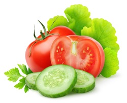 Isolated vegetables. Fresh cut tomato, cucumber and lettuce (salad ingredients) isolated on white background
