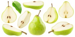 Isolated cut green pear fruits. Collection of green pear pieces of different shapes isolated on white background