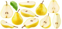 Isolated yellow pears collection. Pear fruit pieces of different shapes isolated on white background