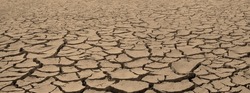 Dried wasteland with cracked brown mud surface. Closeup panorama with deep focus