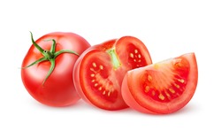 Isolated tomato. Pieces of cut fresh tomatoes over white background, with clipping path