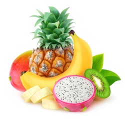 Isolated tropical fruits. Pineapple, banana, kiwi, dragon fruit and mango isolated on white background with clipping path