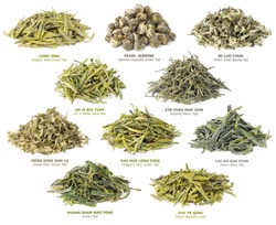 Isolated tea collection. Piles of 10 famous Chinese green teas isolated on white background