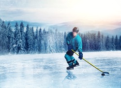 Hockey player in uniform on frozen lake