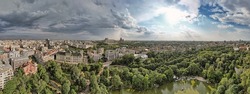 Aerial drone panorama view over Bucharest downtown cityscape with Cismigiu Gardens. Capital of Romania.