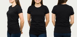 Hispanic young woman wearing a black casual t-shirt. Side view, behind and front view of a mock up template for a t-shirt design print 