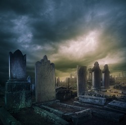 Spooky Halloween graveyard with dark clouds