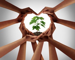 Earthday or earth day as group of diverse people joining to form heart hands connected together protecting the environment and promoting conservation and climate change issues as an image composite.