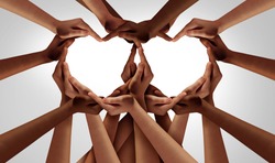 Diversity love and unity partnership as heart hands in groups of diverse people connected together shaped as an inclusion and inclusive support symbol of teamwork and togetherness.