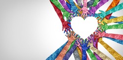 United diversity and unity partnership as heart hands in a group of diverse people connected together shaped as a support symbol expressing the feeling of teamwork and togetherness.