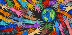 International diversity or earth day and international world culture as a concept of diversity and crowd cooperation symbol as diverse hands holding together the planet earth.