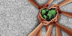 Saving the planet together and Earth day celebration or climate change protection and agriculture security or ecology unity as heart hands in a group of people as a composite.