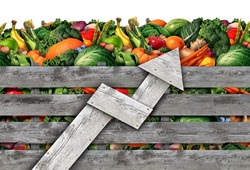 Agriculture Food Inflation and rising prices for fruit and vegetable farming industry from a farmers market with a group of assorted fruits and vegetables in a wood box with an arrow.