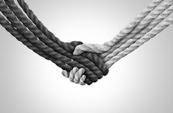 Group Trust concept and connected symbol as different ropes tied and linked together shaped as a handshake or hand shake as a faith metaphor as a trusted partner for support and strength.