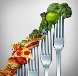 Diet progress change as a healthy lifestyle improvement concept and evolving to accept the challenge of eating raw food and losing weight as a group of rising forks with meal items on them.