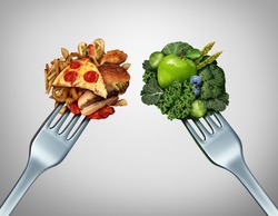 Diet struggle and decision concept and nutrition choices dilemma between healthy good fresh fruit and vegetables or cholesterol rich fast food with two dinner forks competing to decide what to eat. 