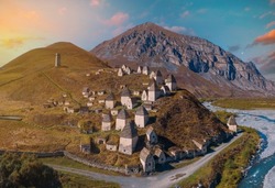 Dargavs, the medieval city of the dead in the mountains of the Caucasus. North Ossetia. Shot on a drone.